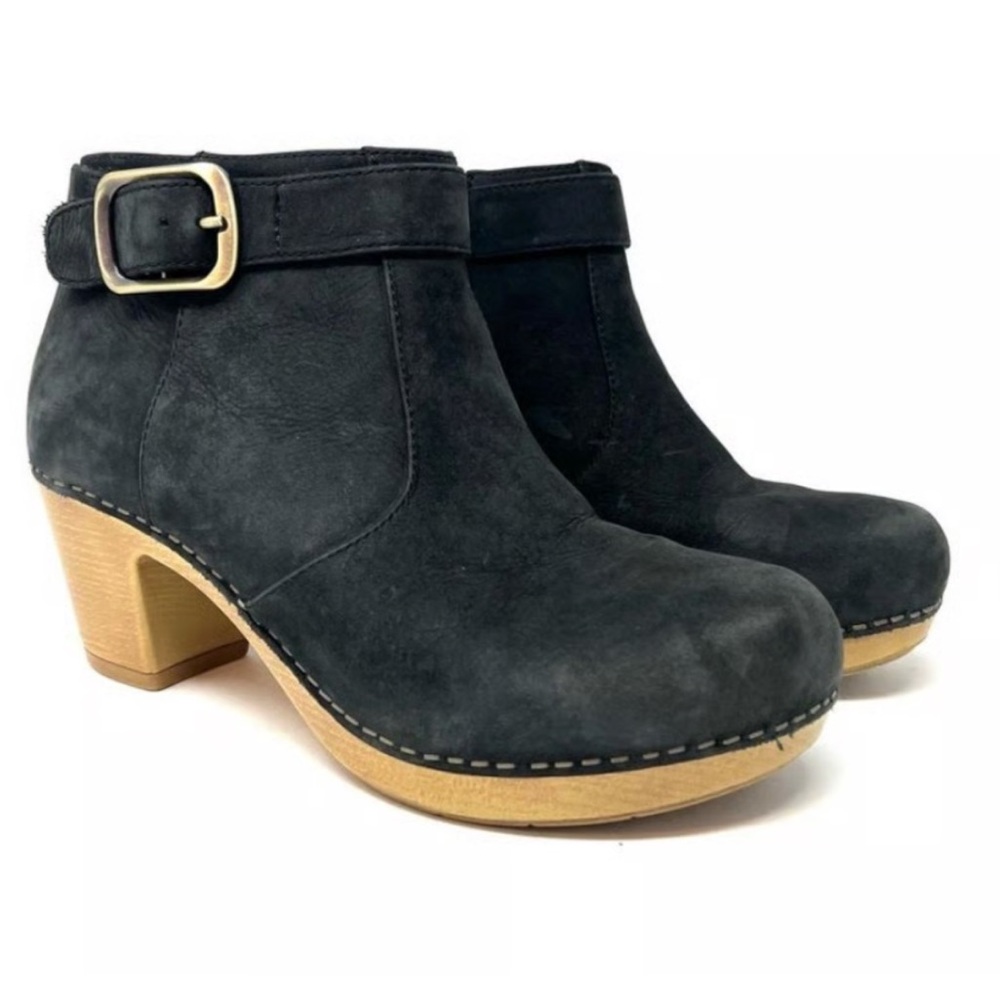 Women’s Black Suede Ankle Clog Boots with Buckle